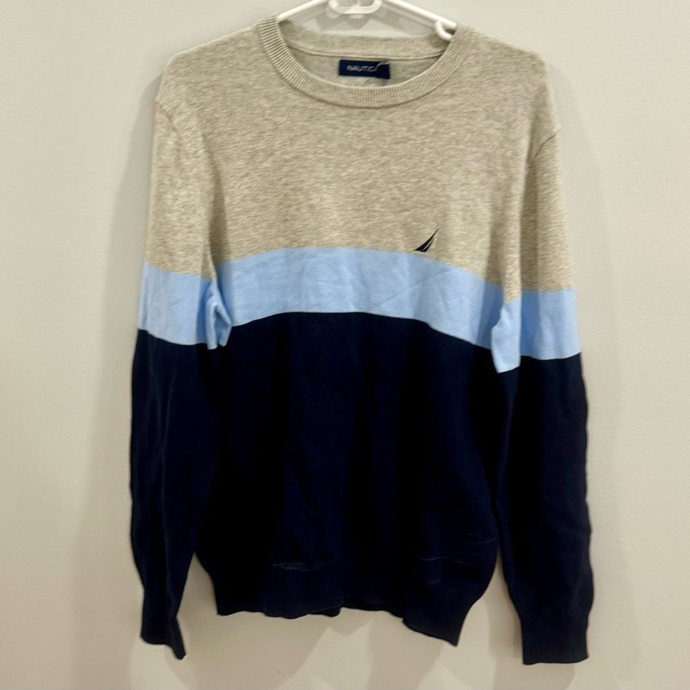 Nautica Navtech gray light blue and navy color block sweater size medium NWT